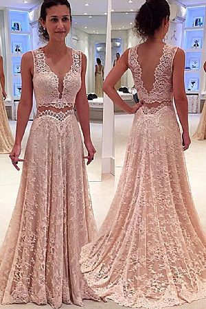 Two Piece Long Pink Lace Prom Evening Dress