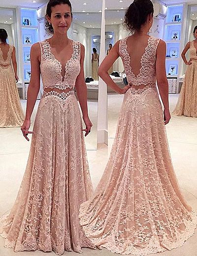 Two Piece Long Pink Lace Prom Evening Dress