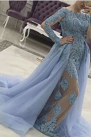 Blue Lace Beaded Evening Dress with Removable Skirt