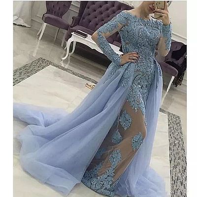 Blue Lace Beaded Evening Dress with Removable Skirt