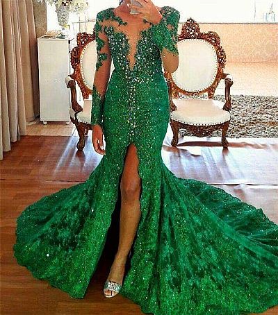 Emerald Front Split Lace Beading Evening Dresses