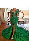 Emerald Front Split Lace Beading Evening Dresses