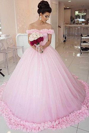 Pink Tulle Ball Gown Prom Dress Quinceanera Gowns