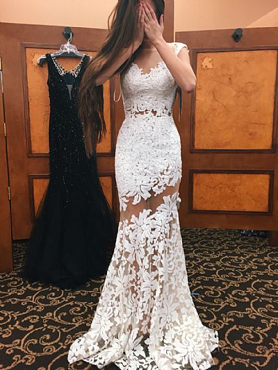 Sexy See Through Lace Appliqued Prom Dress