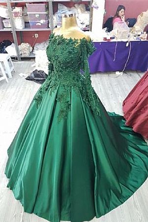 Stunning Green Satin Ball Gown Prom Dress