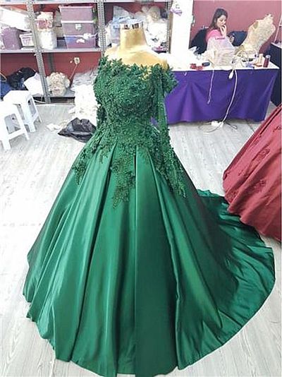 Stunning Green Satin Ball Gown Prom Dress