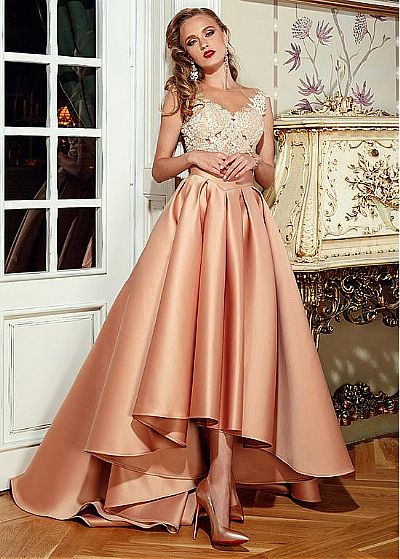 Pretty High Low Prom Dress with Appliqued Bodice & Pleats