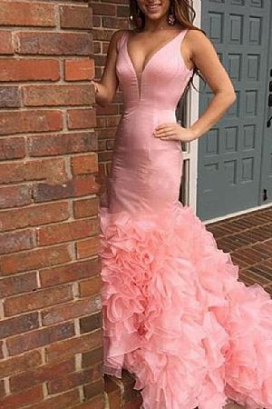 Prom Dress with plunging V neckline & Tiered Ruffles