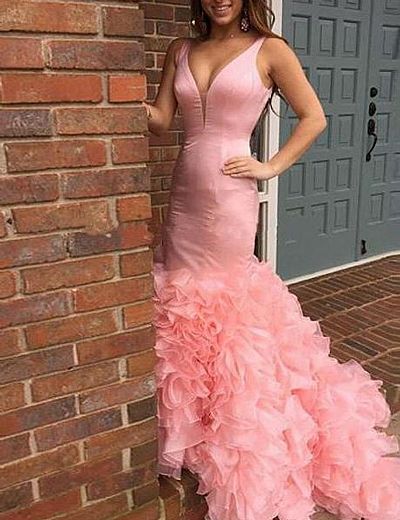 Prom Dress with plunging V neckline & Tiered Ruffles