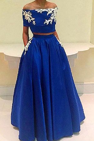 Two Piece Blue A-Line Prom Evening Gowns