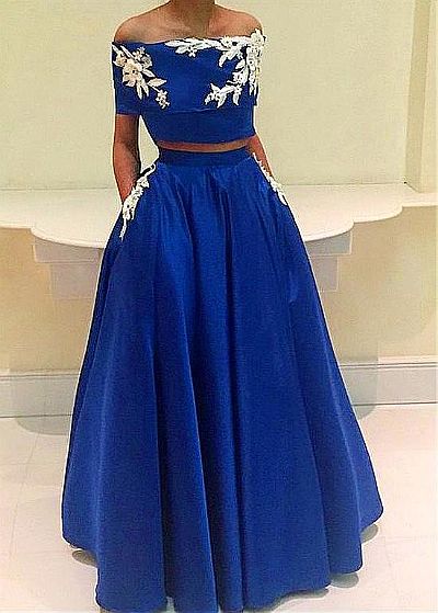 Two Piece Blue A-Line Prom Evening Gowns