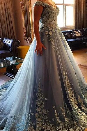 Stunning Blue Tulle Prom Dress with Floral Appliques