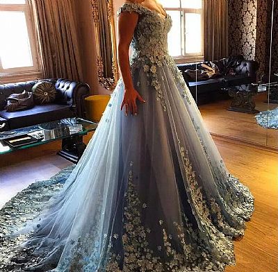 Stunning Blue Tulle Prom Dress with Floral Appliques