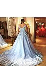 Stunning Blue Tulle Prom Dress with Floral Appliques