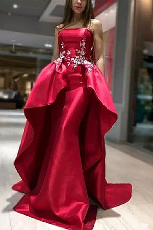 Strapless Red Evening Dress Pageant Gowns with Overskirt