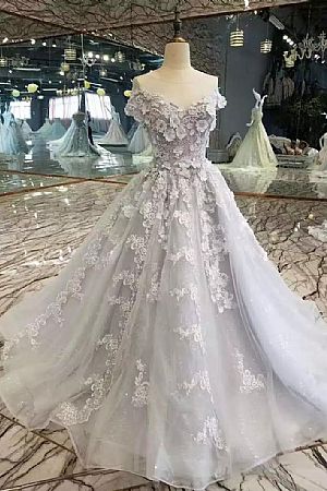 Gray Beading Ball Gown Prom Dress with Flowers