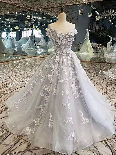 Gray Beading Ball Gown Prom Dress with Flowers