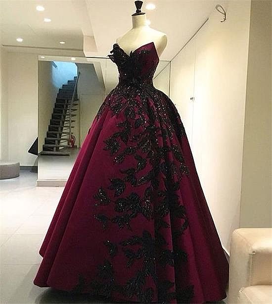 Burgundy Embroidered Satin Ball Gown ...