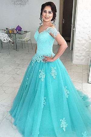 Blue Tulle Ball Gown Prom Evening Dress