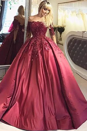 Wine Red Beading Appliqued Ball Gown Prom Dress