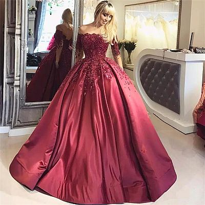 Wine Red Beading Appliqued Ball Gown Prom Dress