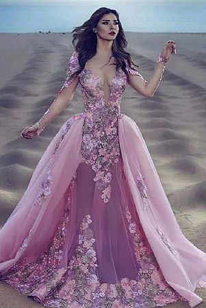 Designer Pink Flower Prom Dress with Detachable Train
