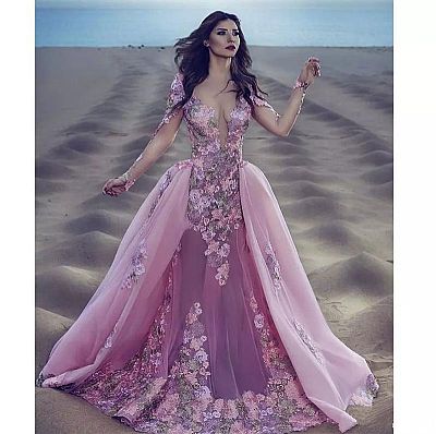 Designer Pink Flower Prom Dress with Detachable Train