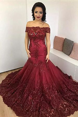Off the Shoulder Red Sequined Evening Gowns