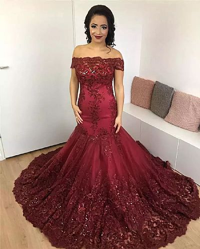 Off the Shoulder Red Sequined Evening Gowns