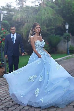 Sky Blue Floral Appliqued Prom Evening Dress