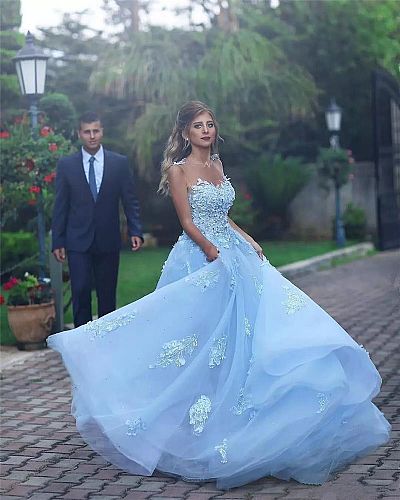 Sky Blue Floral Appliqued Prom Evening Dress