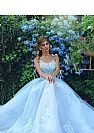 Sky Blue Floral Appliqued Prom Evening Dress