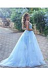 Sky Blue Floral Appliqued Prom Evening Dress