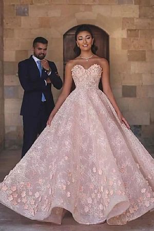 Sweetheart Pink Beaded Organza Prom Gown with Flowers