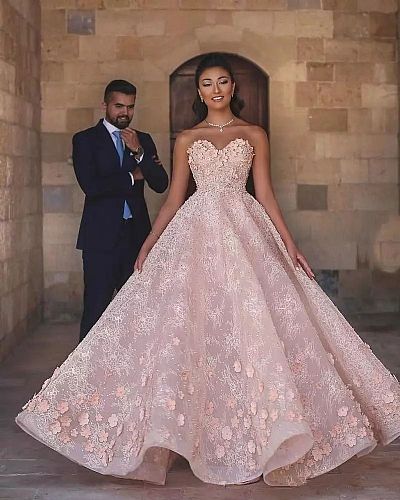 Sweetheart Pink Beaded Organza Prom Gown with Flowers