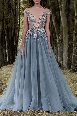 Designer Blue Gray Floral Appliqued Evening Gowns