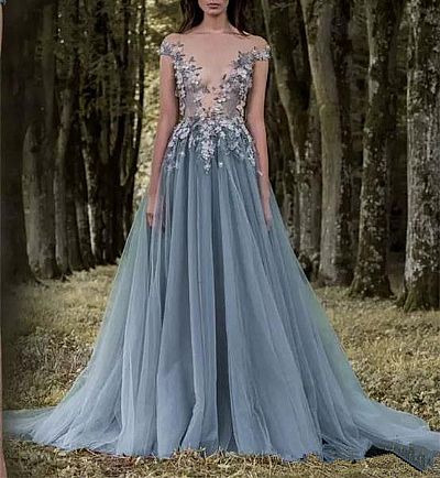 Designer Blue Gray Floral Appliqued Evening Gowns