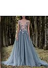 Designer Blue Gray Floral Appliqued Evening Gowns