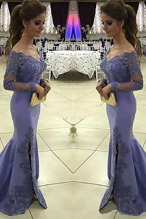 Blue Side Split Beading Appliqued Evening Gowns