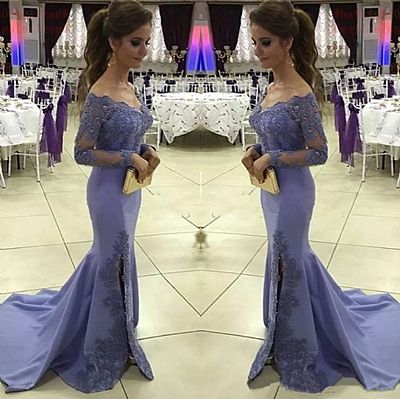 Blue Side Split Beading Appliqued Evening Gowns