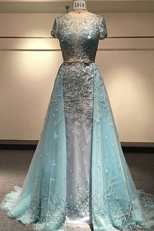 Elegant Blue Formal Evening Dress with Overskirt