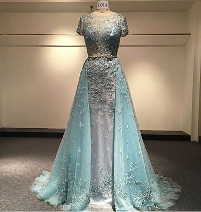 Elegant Blue Formal Evening Dress with Overskirt