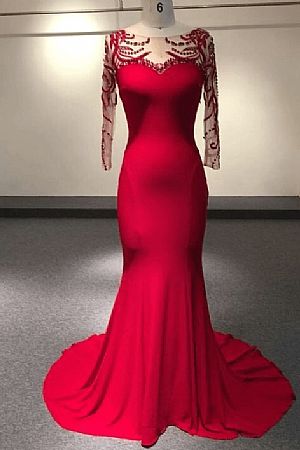 Red Illusion Long Sleeves Prom Evening Gowns
