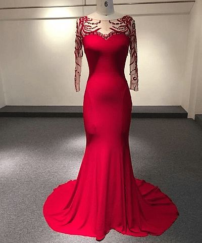 Red Illusion Long Sleeves Prom Evening Gowns