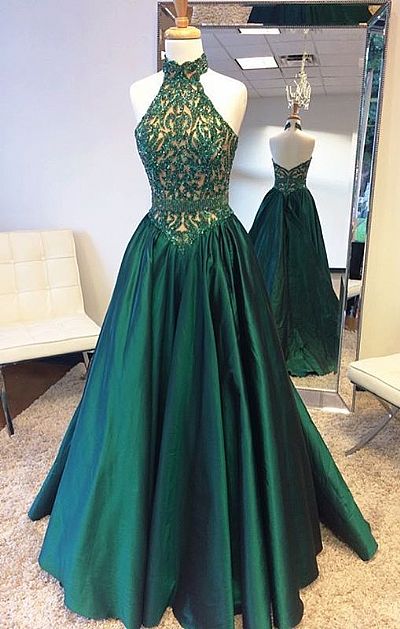 Sexy Hunter Green Evening Dress with Halter Neckline