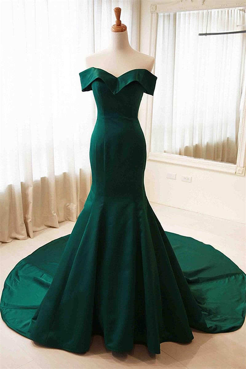 Off the Shoulder Hunter Green Evening Gowns