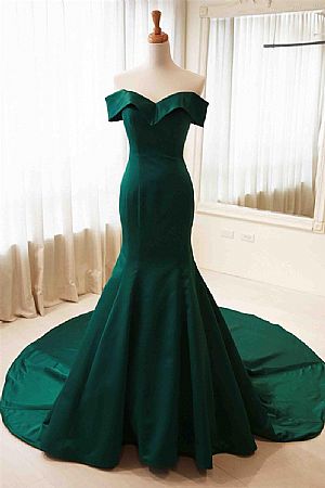 Off the Shoulder Hunter Green Evening Gowns