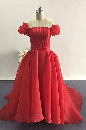 Red Hi Low Evening Dresses with Puff Sleeves