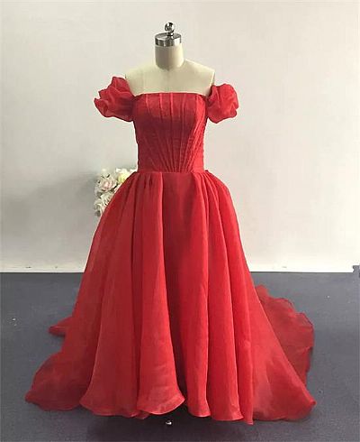 Red Hi Low Evening Dresses with Puff Sleeves