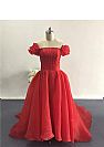 Red Hi Low Evening Dresses with Puff Sleeves